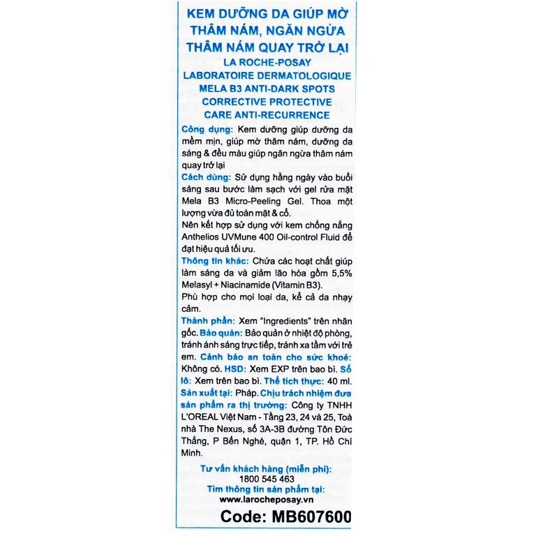 Kem dưỡng La Roche-Posay Mela B3 Cream SPF 30 dưỡng da mềm mịn, mờ thâm nám, dưỡng da sáng và đều màu 