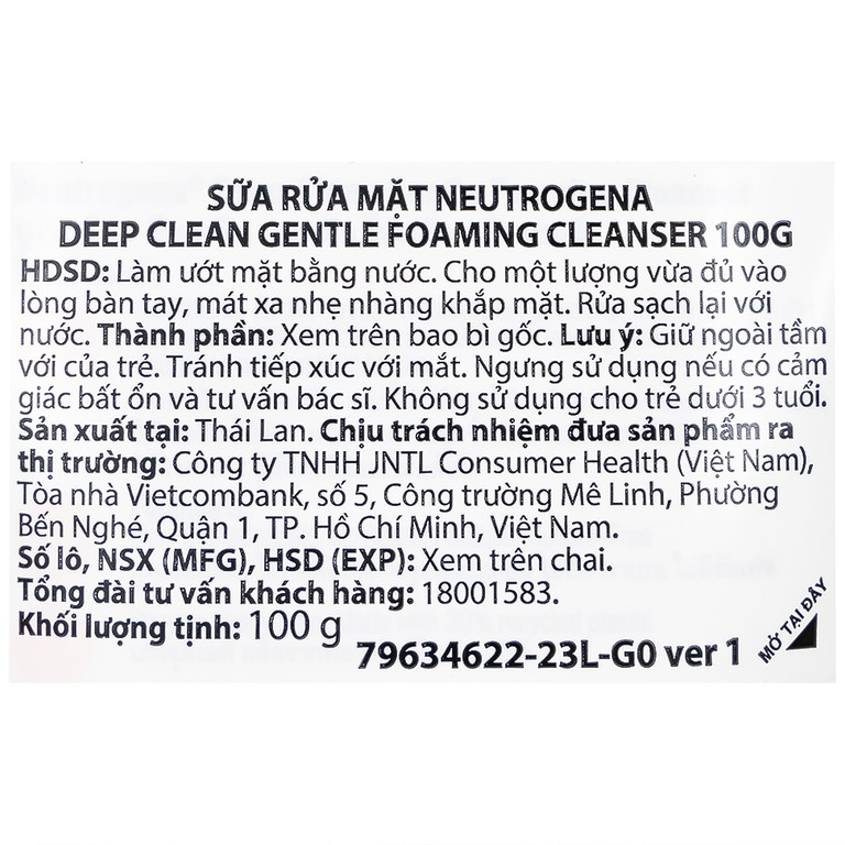 Sữa rửa mặt Neutrogena Deep Clean Gentle Foaming Cleanser dưỡng ẩm (100g)