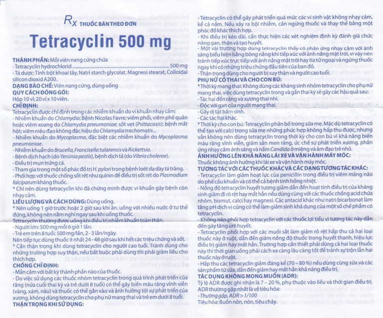 Thuốc Tetracyclin 500mg Domesco điều trị nhiễm khuẩn do vi khuẩn nhạy cảm (20 vỉ x 10 viên)