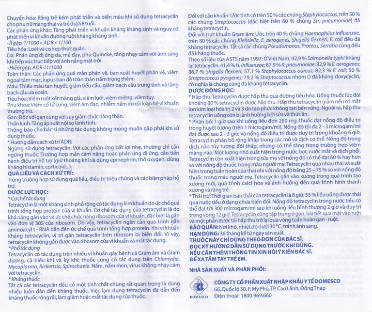 Thuốc Tetracyclin 500mg Domesco điều trị nhiễm khuẩn do vi khuẩn nhạy cảm (20 vỉ x 10 viên)
