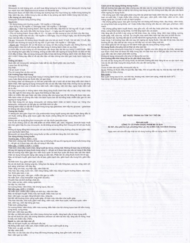 Thuốc Vinocyclin 50 Medisun điều trị mụn trứng cá, nhiễm trùng đường hô hấp (3 vỉ x 10 viên)