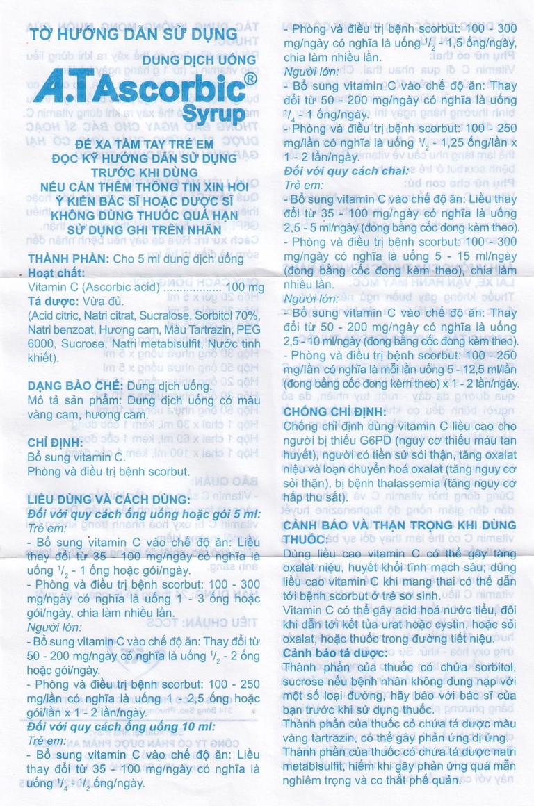 Siro A.T Ascorbic An Thiên bổ sung vitamin C, phòng và điều trị bệnh scorbut (30 ống x 10ml)