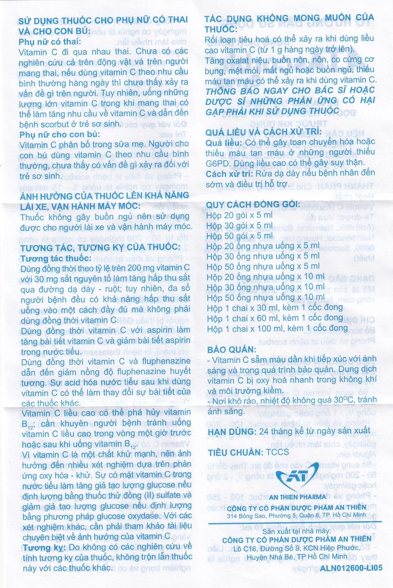 Siro A.T Ascorbic An Thiên bổ sung vitamin C, phòng và điều trị bệnh scorbut (30 ống x 10ml)