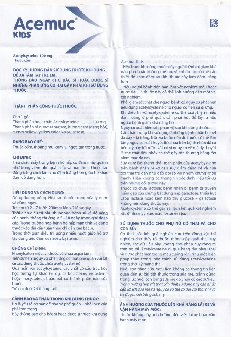 Thuốc cốm Acemuc Kids 200mg Sanofi long đàm, tiêu nhầy, giảm ho (30 gói x 1g)