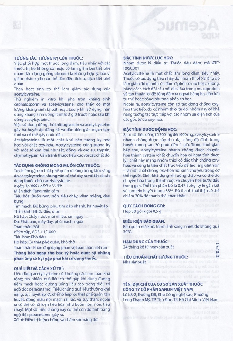 Thuốc cốm Acemuc Kids 200mg Sanofi long đàm, tiêu nhầy, giảm ho (30 gói x 1g)