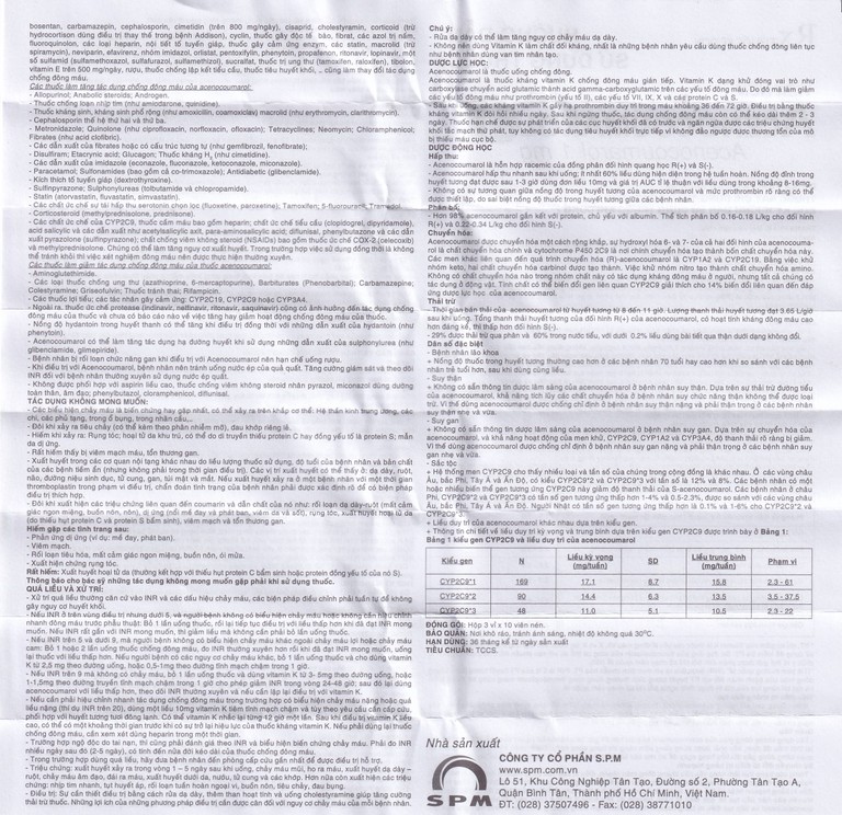 Thuốc Acenocoumarol 1 SPM điều trị và ngăn ngừa bệnh nghẽn mạch (3 vỉ x 10 viên)