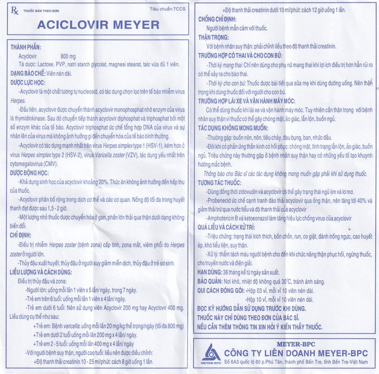 Thuốc Aciclovir 800mg Meyer điều trị nhiễm Herpes zoster, thủy đậu (3 vỉ x 10 viên)