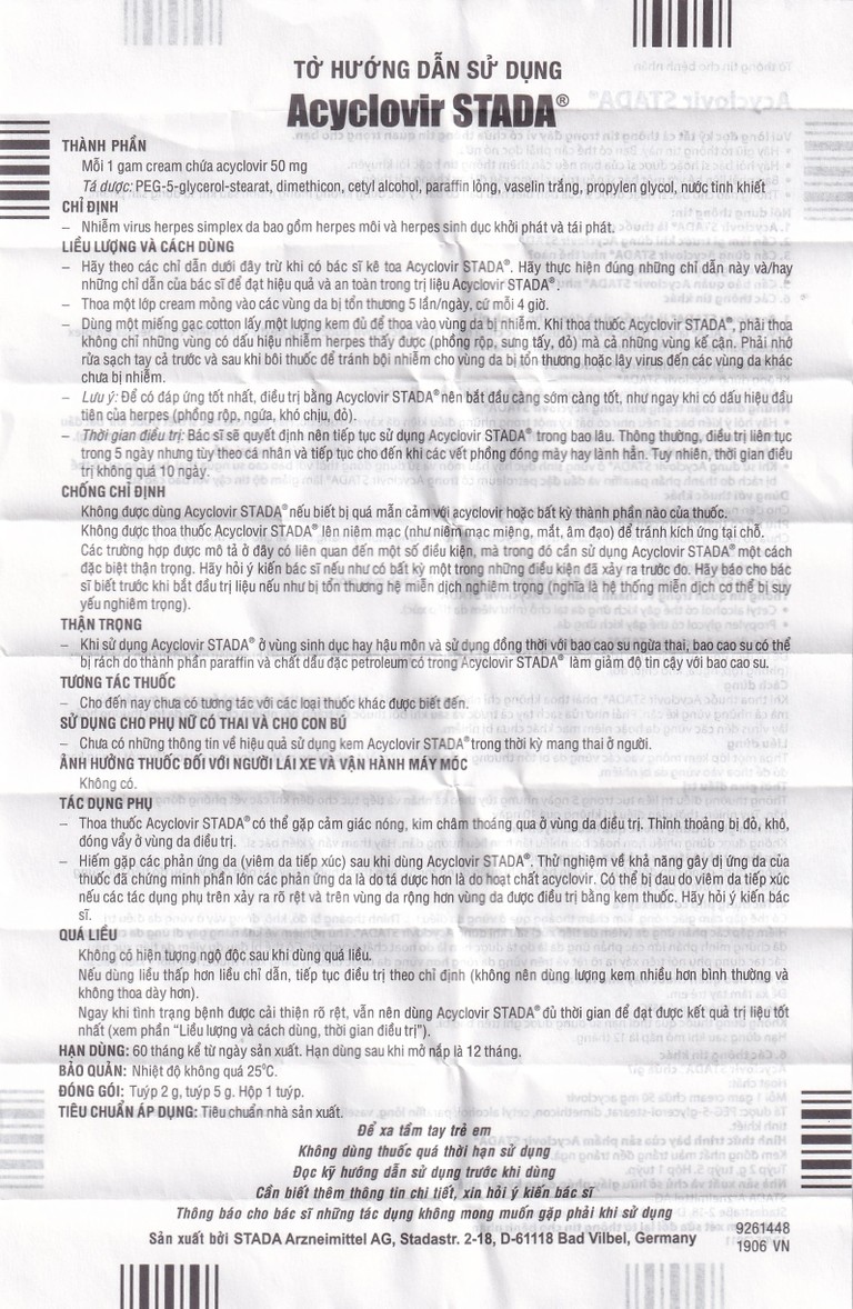 Kem bôi da Acyclovir Stada Cream điều trị nhiễm virus Herpes simplex (2g)