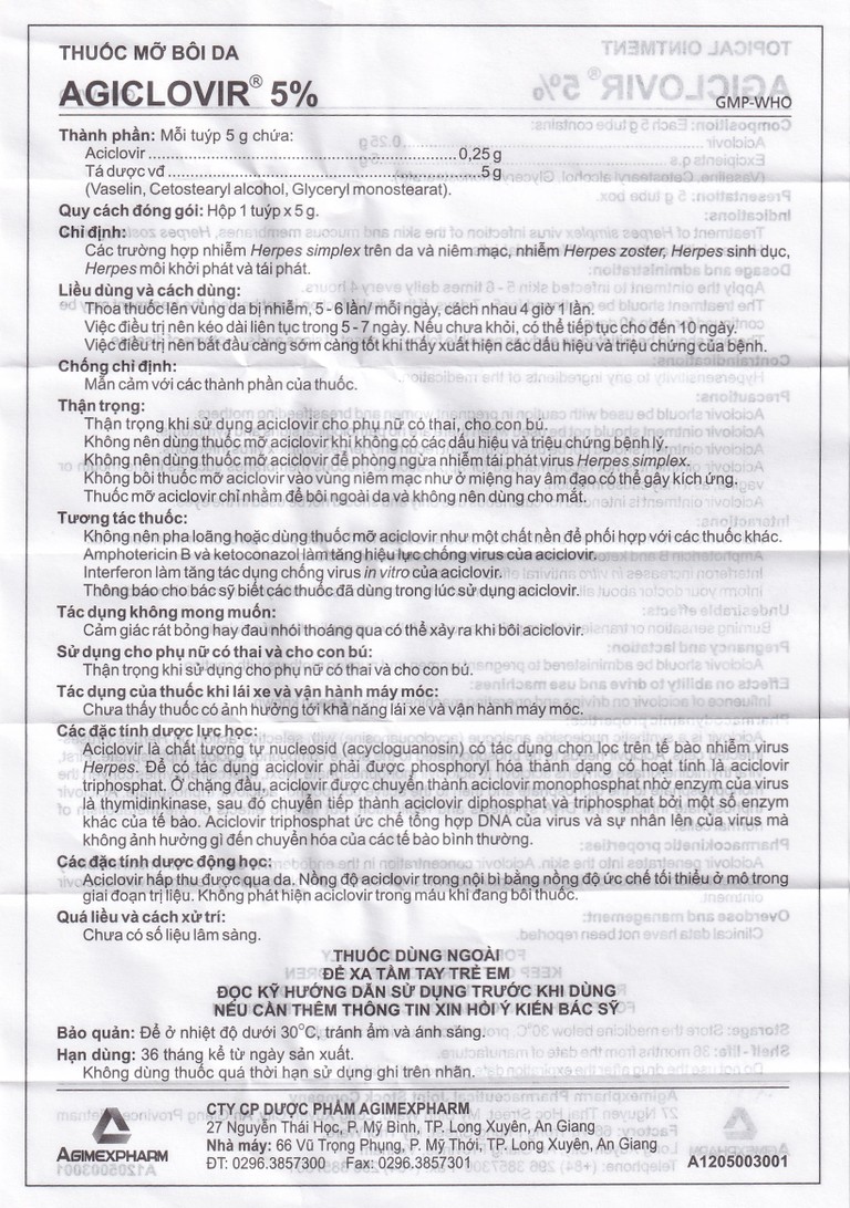 Thuốc mỡ bôi da Agiclovir 5% Agimexpharm điều trị nhiễm Herpes simplex, Herpes zoster, Herpes sinh dục (5g)