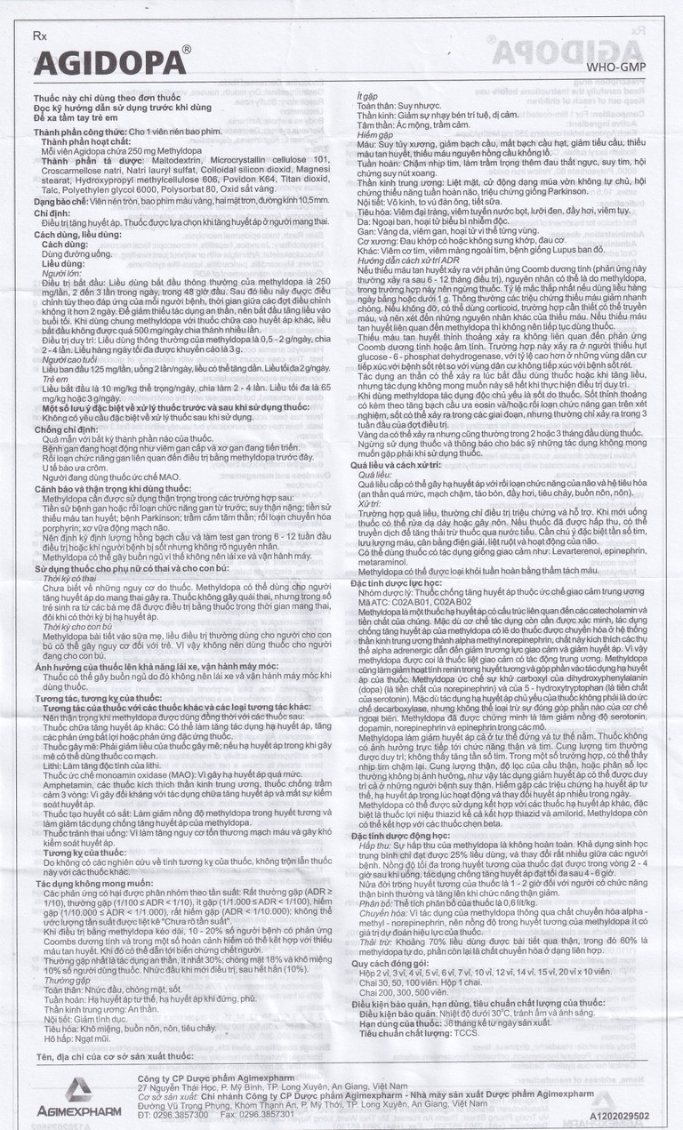 Thuốc Agidopa 250mg Agimexpharm điều trị tăng huyết áp (10 vỉ x 10 viên)
