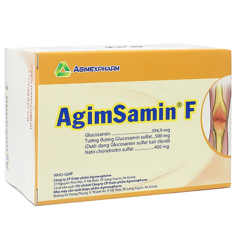 Thuốc Agimsamin F 500mg/400mg Agimexpharm điều trị giảm triệu chứng của thoái hóa khớp gối nhẹ và trung bình (6 vỉ x 10 viên)