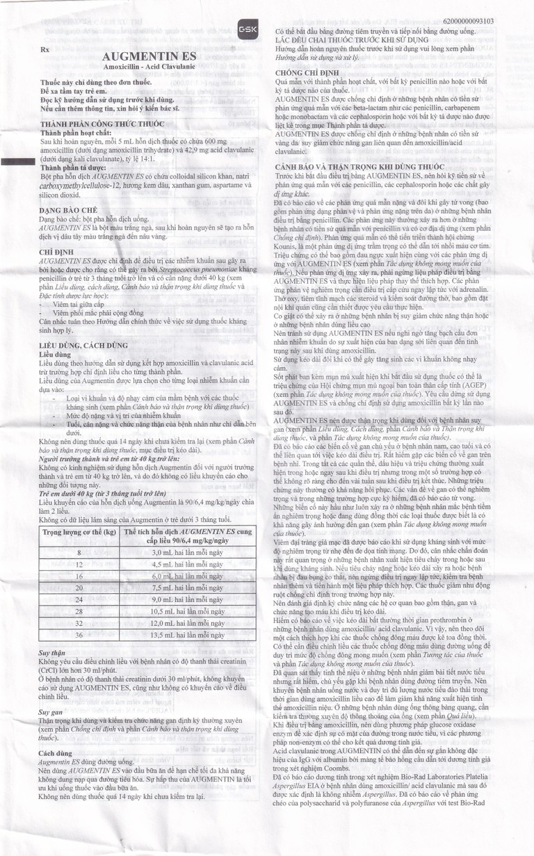 Bột pha hỗn dịch uống Augmentin ES GSK điều trị các nhiễm trùng do vi khuẩn gây ra ở trẻ (100ml)