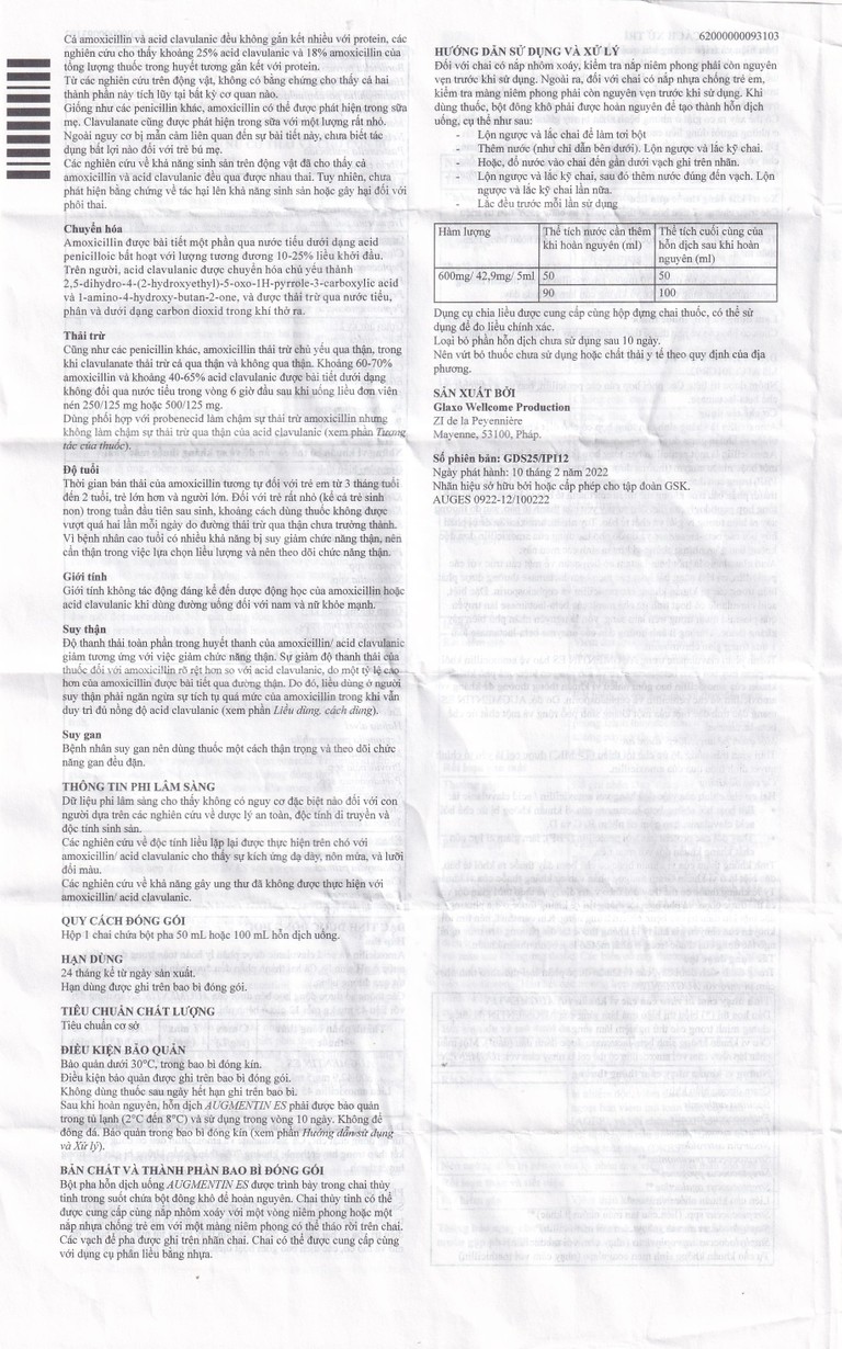 Bột pha hỗn dịch uống Augmentin ES GSK điều trị các nhiễm trùng do vi khuẩn gây ra ở trẻ (100ml)