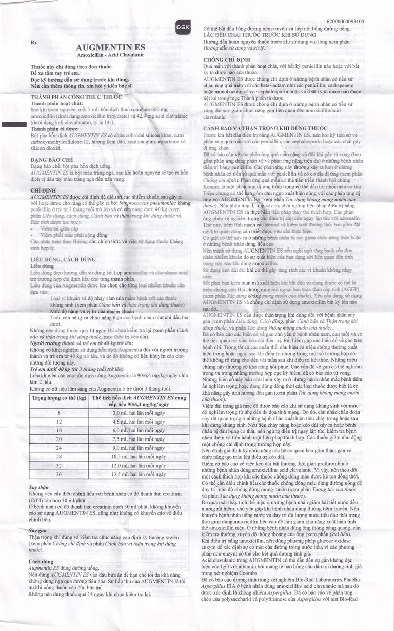 Bột pha hỗn dịch uống Augmentin ES GSK điều trị các nhiễm trùng do vi khuẩn gây ra ở trẻ (50ml)