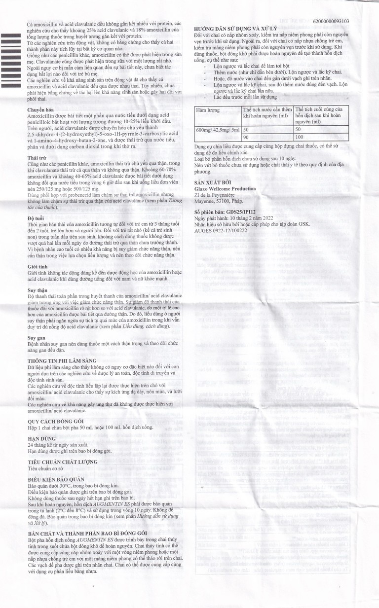 Bột pha hỗn dịch uống Augmentin ES GSK điều trị các nhiễm trùng do vi khuẩn gây ra ở trẻ (50ml)