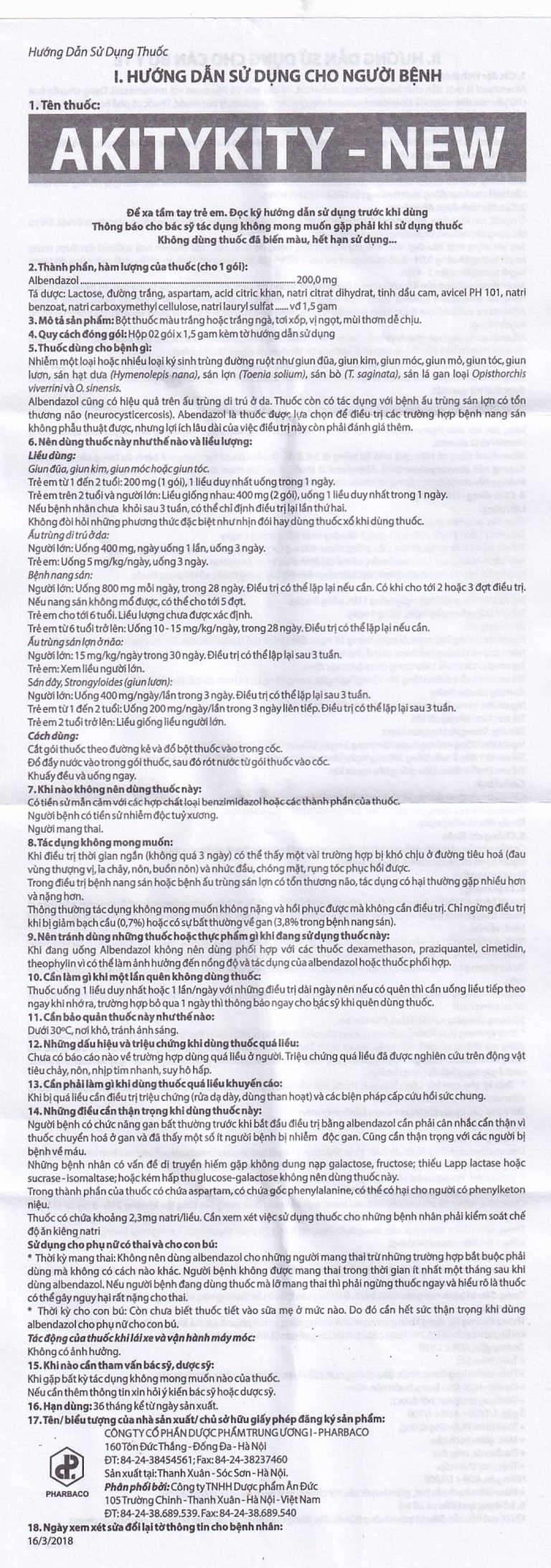Hỗn dịch uống Akitykity-New 200mg Pharbaco vị ngọt hương cam diệt các loại giun sán, ấu trùng và trứng (2 gói x 1.5g)