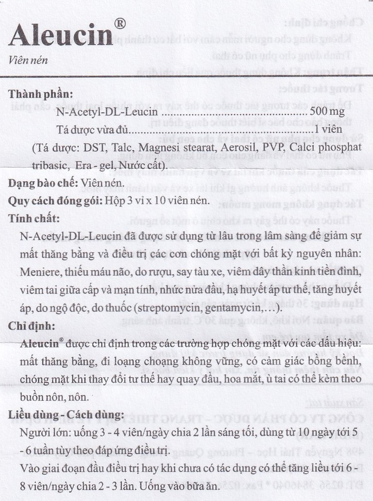 Thuốc Aleucin 500mg Bidiphar điều trị các cơn chóng mặt (3 vỉ x 10 viên)