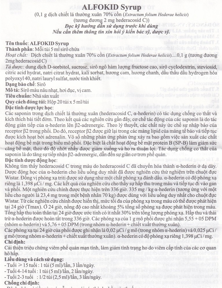 Thuốc Alfokid Syrup Kolmar điều trị giảm ho do viêm phế quản mạn tính, viêm đường hô hấp (20 túi)