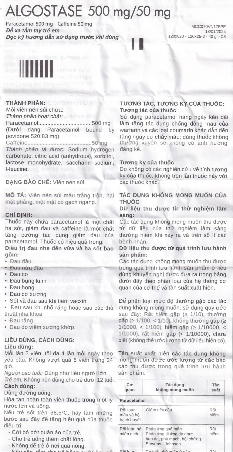 Thuốc Algostase 500mg/50mg SMB điều trị đau nhẹ đến vừa và hạ sốt (16 viên)