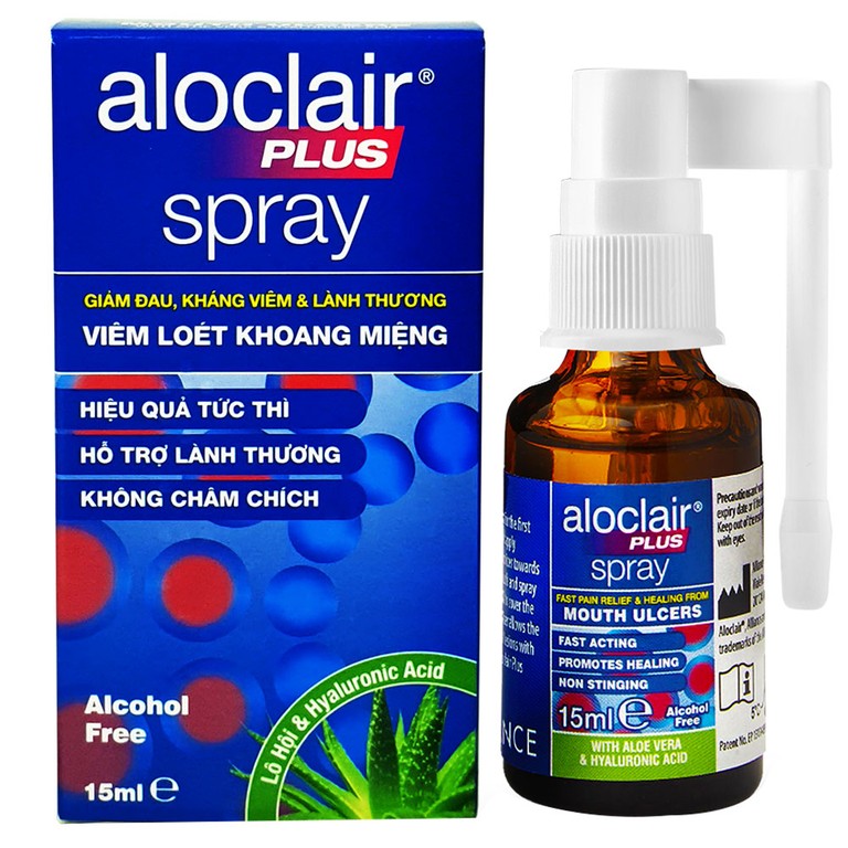 Chai xịt Aloclair Plus Spray giảm đau nhanh bệnh tay chân miệng, nhiệt miệng, chỉnh nha, nhổ răng (15ml)