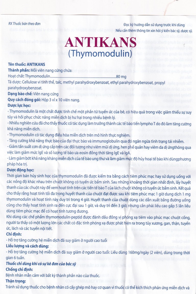 Thuốc Antikans Armephaco hỗ trợ tăng cường hệ miễn dịch (3 vỉ x 10 viên)