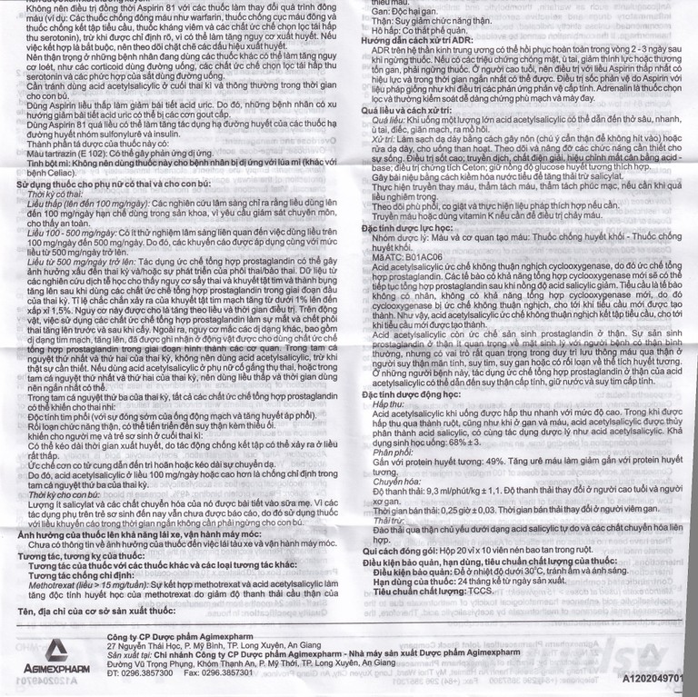Thuốc Aspirin 81 Agimexpharm phòng ngừa nhồi máu cơ tim, đột quỵ (20 vỉ x 10 viên)