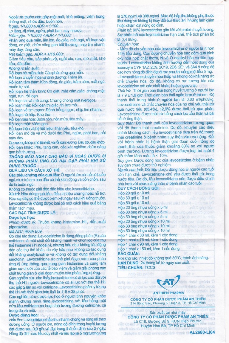 Dung dịch uống Aticizal 2,5mg/5ml An Thiên điều trị triệu chứng viêm mũi dị ứng (90ml)