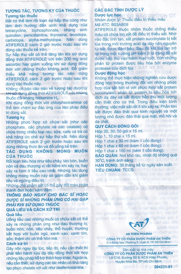 Dung dịch uống Atiferole 800mg/15ml An Thiên điều trị tình trạng thiếu hụt sắt và thiếu máu