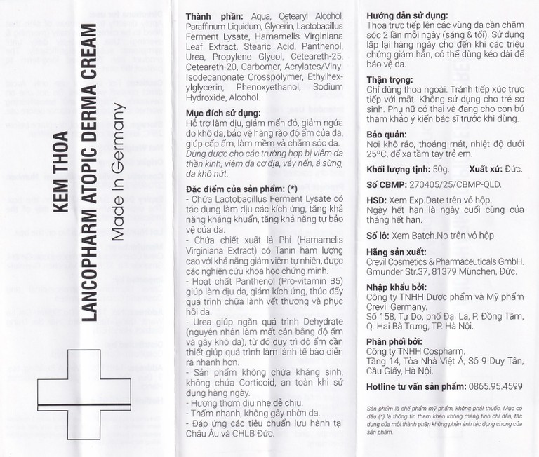 Kem bôi Atopic Derma Cream Lancopharm dưỡng ẩm, giảm kích ứng cho viêm da cơ địa (50g)