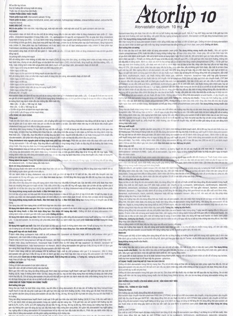 Thuốc Atorlip 10mg DHG điều trị tăng cholesterol toàn phần, tăng LDL-cholesterol (3 vỉ x 10 viên)