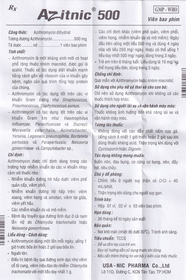Thuốc Azitnic 500 USA - NIC Pharma điều trị nhiễm khuẩn (6 viên)
