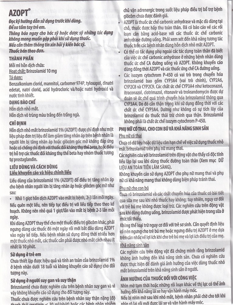 Thuốc nhỏ mắt Azopt Alcon điều trị tăng nhãn áp, glôcôm góc mở (5ml)