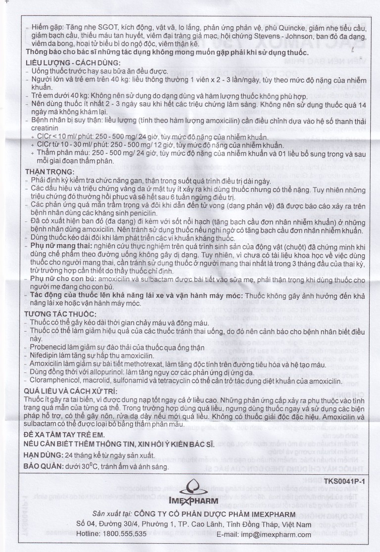 Thuốc Bactamox 750 Imexpharm điều trị nhiễm khuẩn (2 vỉ x 7 viên)