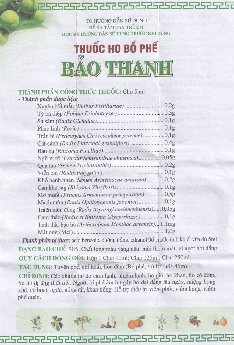 Siro ho Bảo Thanh điều trị các chứng ho, viêm phổi (125ml) 