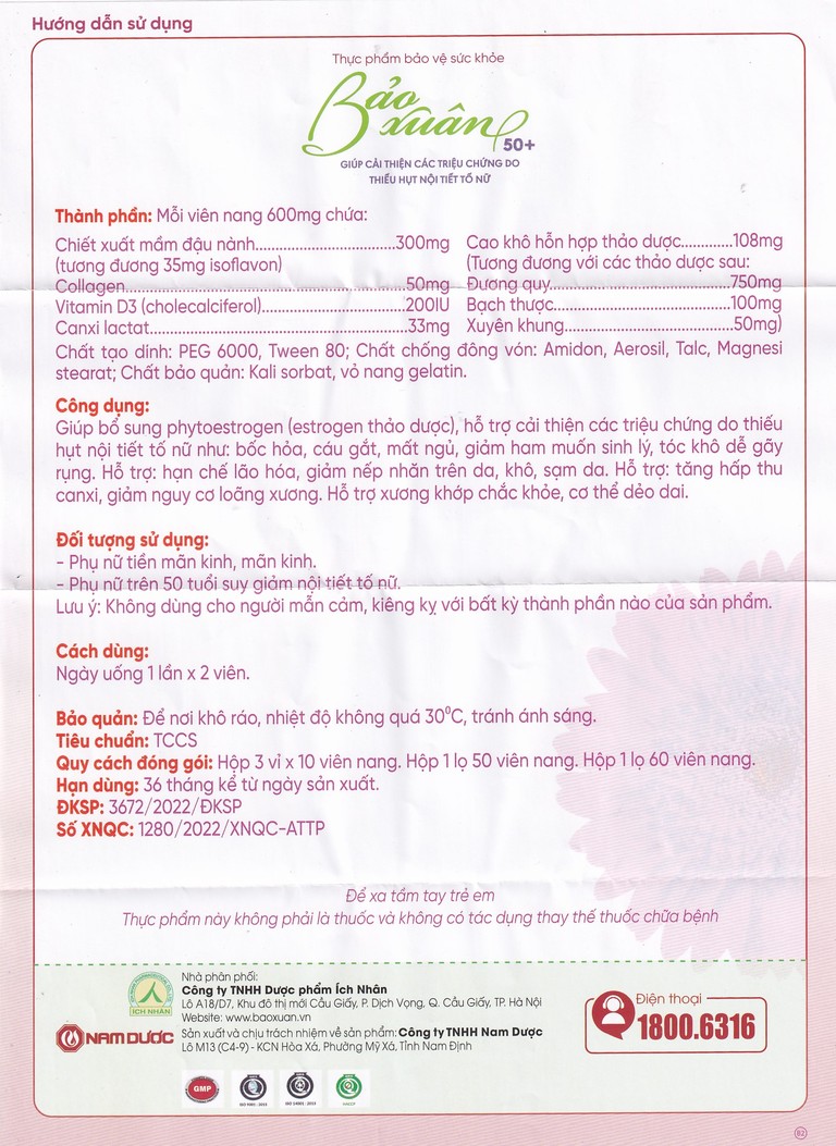 Viên uống Bảo Xuân Tuổi 50+ Nam Dược bổ sung và hỗ trợ cân bằng nội tiết tố nữ Estrogen (3 vỉ x 10 viên)