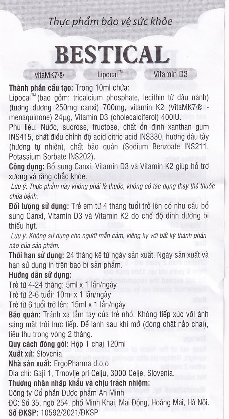 Dung dịch Bestical 120ml Ergo Pharma bổ sung canxi, vitamin D3 và vitamin K2