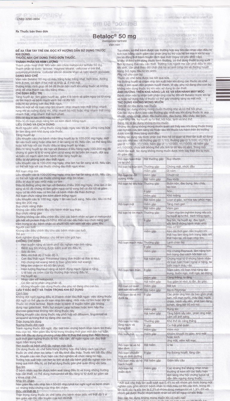 Thuốc Betaloc 50mg AstraZeneca điều trị tăng huyết áp, dự phòng đau thắt ngực (3 vỉ x 20 viên) 