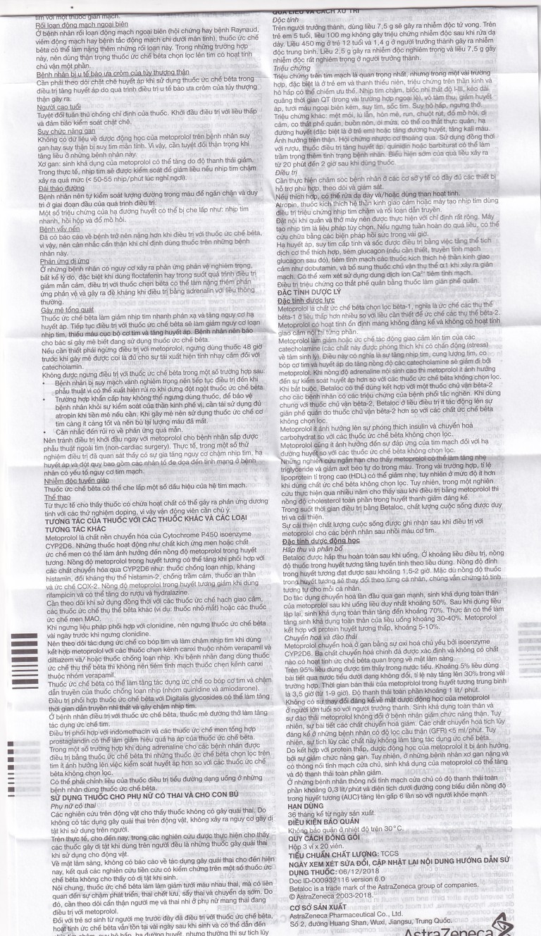 Thuốc Betaloc 50mg AstraZeneca điều trị tăng huyết áp, dự phòng đau thắt ngực (3 vỉ x 20 viên) 