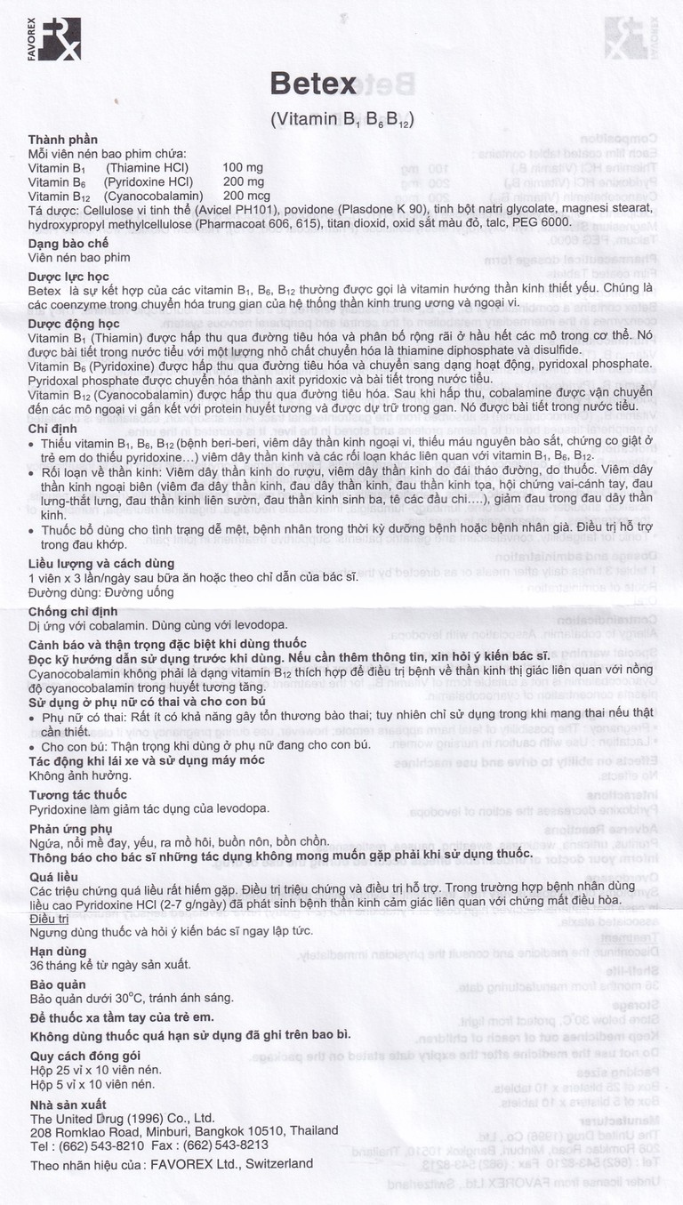 Thuốc Betex Favorex bổ sung vitamin B1, B6, B12 (5 vỉ x 10 viên)