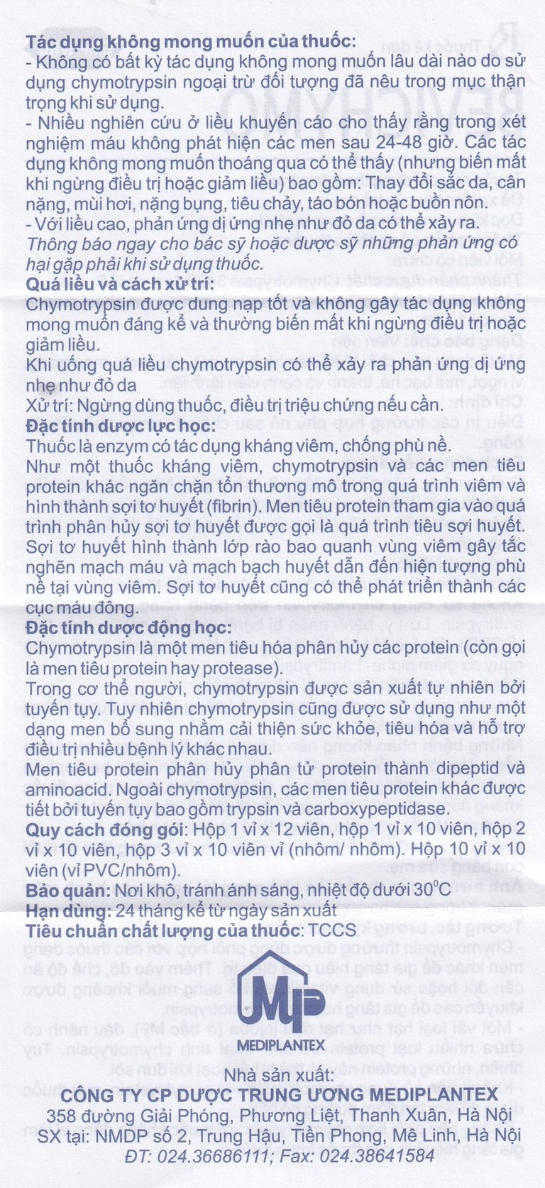 Thuốc Bevichymo Chymotrypsin 8400 USP Mediplantex điều trị các trường hợp phù nề sau chấn thương, phẫu thuật, bỏng (1 vỉ x 12 viên)