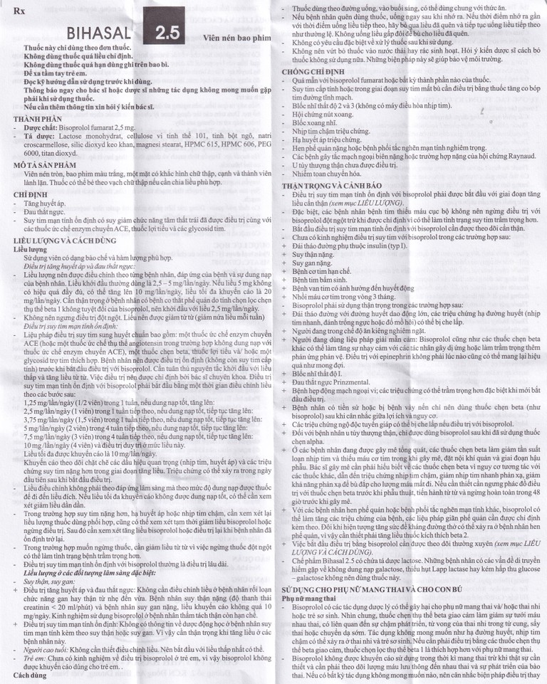 Thuốc Bihasal 2.5 Hasan điều trị tăng huyết áp, đau thắt ngực, suy tim mạn tính ổn định (5 vỉ x 10 viên)