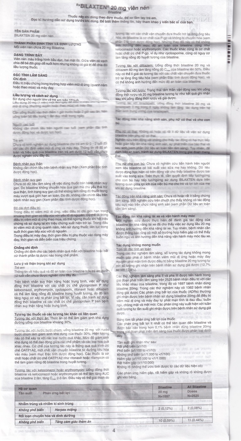 Thuốc Bilaxten 20mg Menarini điều trị viêm mũi dị ứng, mày đay (1 vỉ x 10 viên)