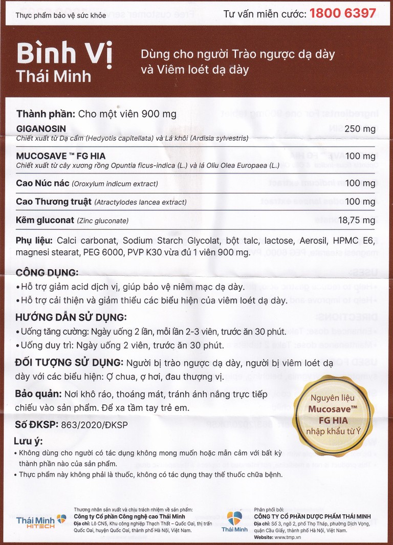 Viên uống Bình Vị Thái Minh hỗ trợ giảm acid dịch vị, giúp bảo vệ niêm mạc dạ dày (80 viên)