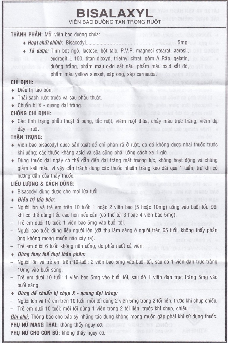 Thuốc Bisalaxyl Vidipha điều trị táo bón (5 vỉ x 10 viên)