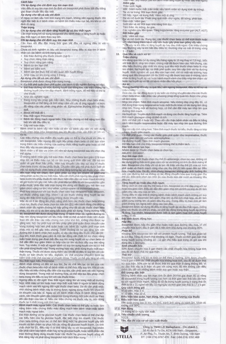 Thuốc Bisoprolol 2.5mg Tablets Stella điều trị tăng huyết áp, đau thắt ngực mạn tính ổn định (3 vỉ x 10 viên)