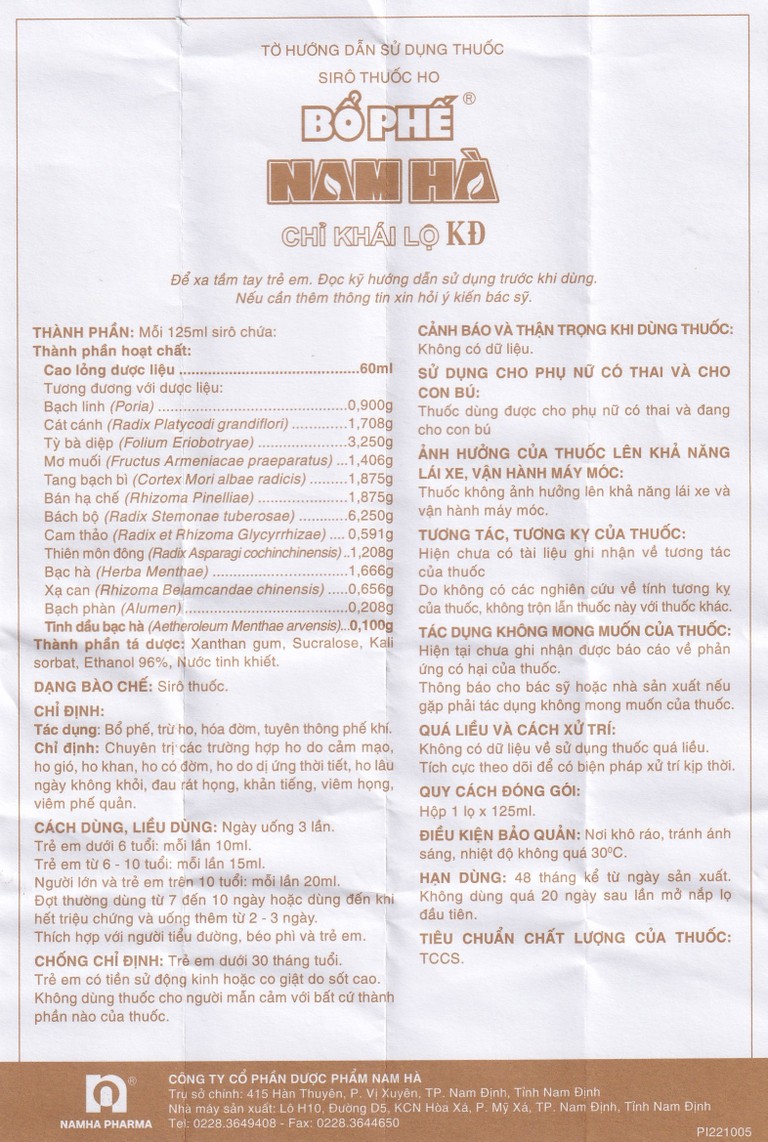 Siro thuốc ho Bổ Phế Nam Hà Chỉ Khái Lộ KĐ chuyên trị ho do cảm mạo, ho gió, ho khan, ho có đờm (125ml)