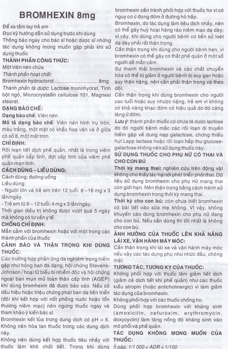 Thuốc Bromhexin 8mg Dược 3-2 tan đàm trong viêm khí phế quản, viêm phế quản mạn tính (10 vỉ x 20 viên)
