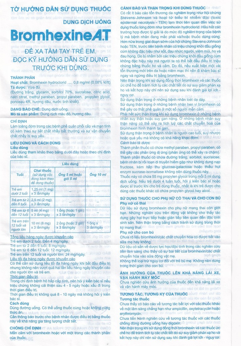 Dung dịch uống Bromhexine AT 4mg/5ml loãng đờm trong nhiễm khuẩn đường hô hấp (30 ống x 5ml)