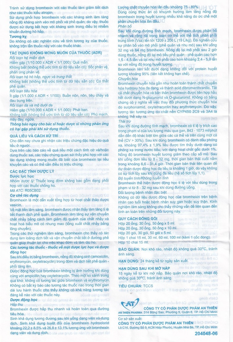 Dung dịch uống Bromhexine AT 4mg/5ml loãng đờm trong nhiễm khuẩn đường hô hấp (30 ống x 5ml)
