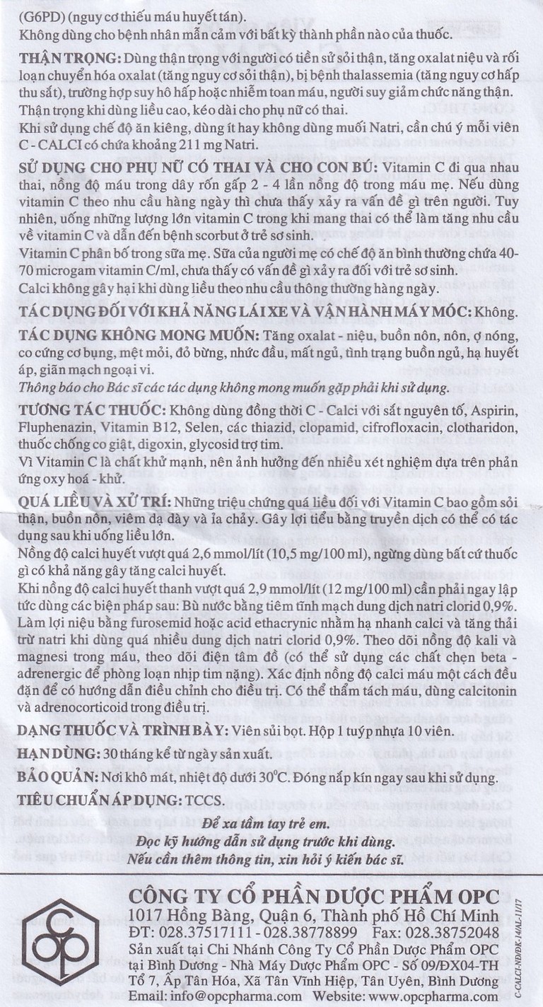 Viên sủi C-Calci OPC phòng và điều trị tình trạng thiếu Vitamin C và Calci (10 viên)